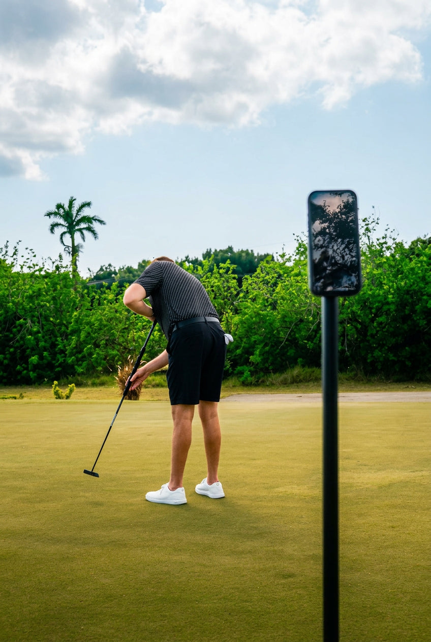 Golfer practising with an iRangeSports phone recording stick