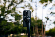 iRangeSports phone mount on a golf recording stick outdoors